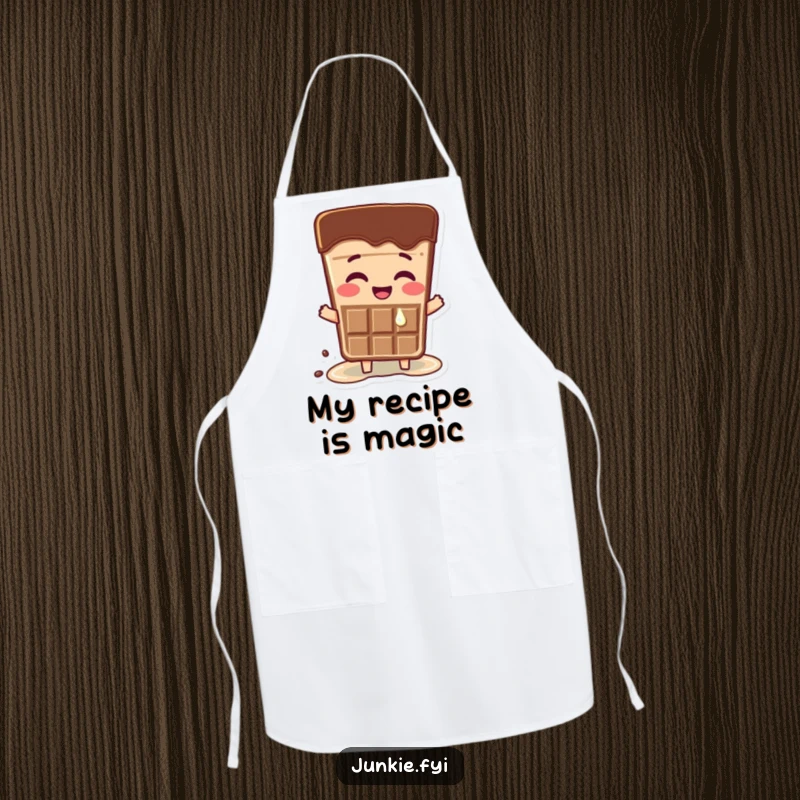 Funny apron featuring a happy chocolate bar character melting slightly due to excitement. Great for kitchen humor.