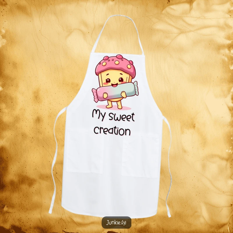 Funny apron: A happy food character with a sweet smile holds a giant candy bar, ready to create sweet delights.