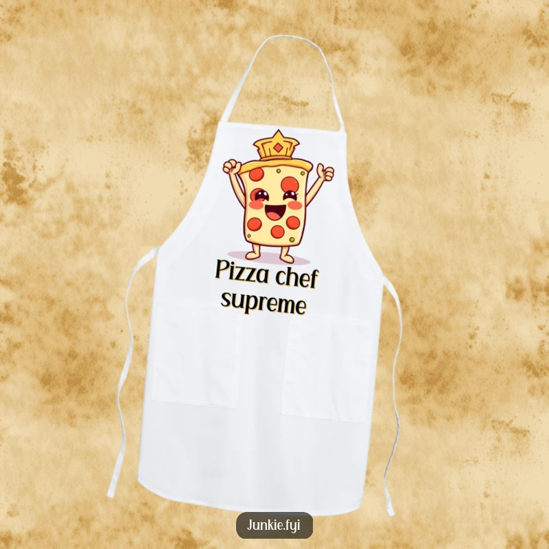 Funny Apron adorned with a pizza slice character proudly holding a pepperoni like a trophy, ready for delicious culinary achievements.