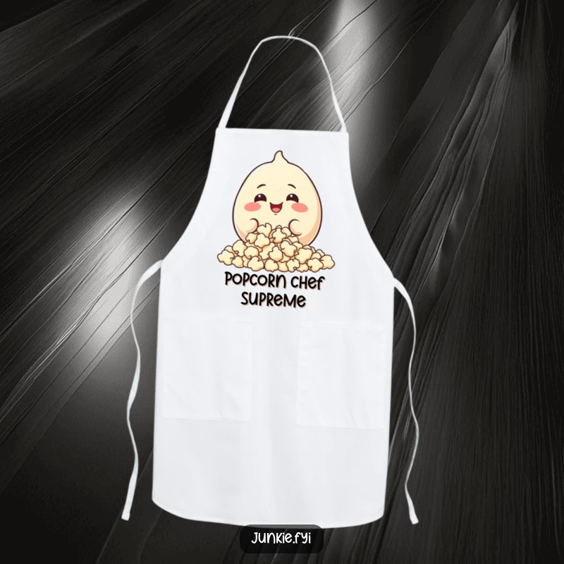 Funny Apron: A plump food character with a happy grin joyfully munches on a large pile of popcorn.