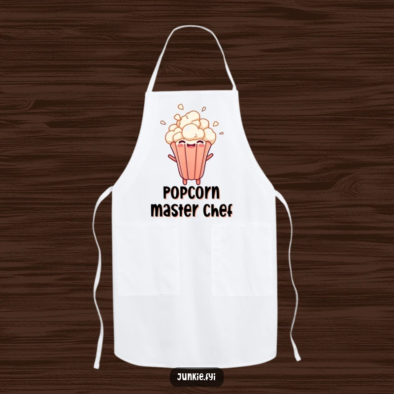 A popcorn kernel bursts upwards with joy on this funny apron, perfect for movie nights or kitchen prep.