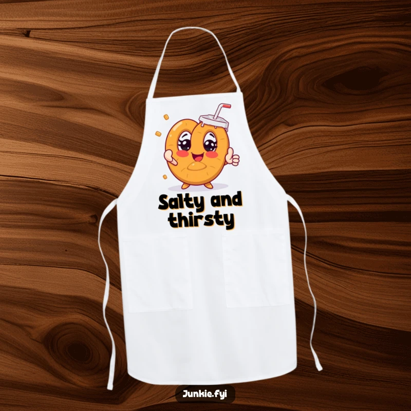 Funny pretzel character with eyes wide, reaching for soda, on a chef's apron.