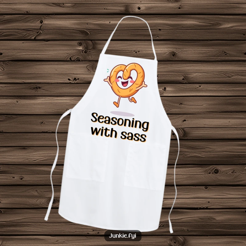 Funny pretzel apron, a smiling character joyfully jumping with a sprinkle of salt, perfect for kitchen fun.