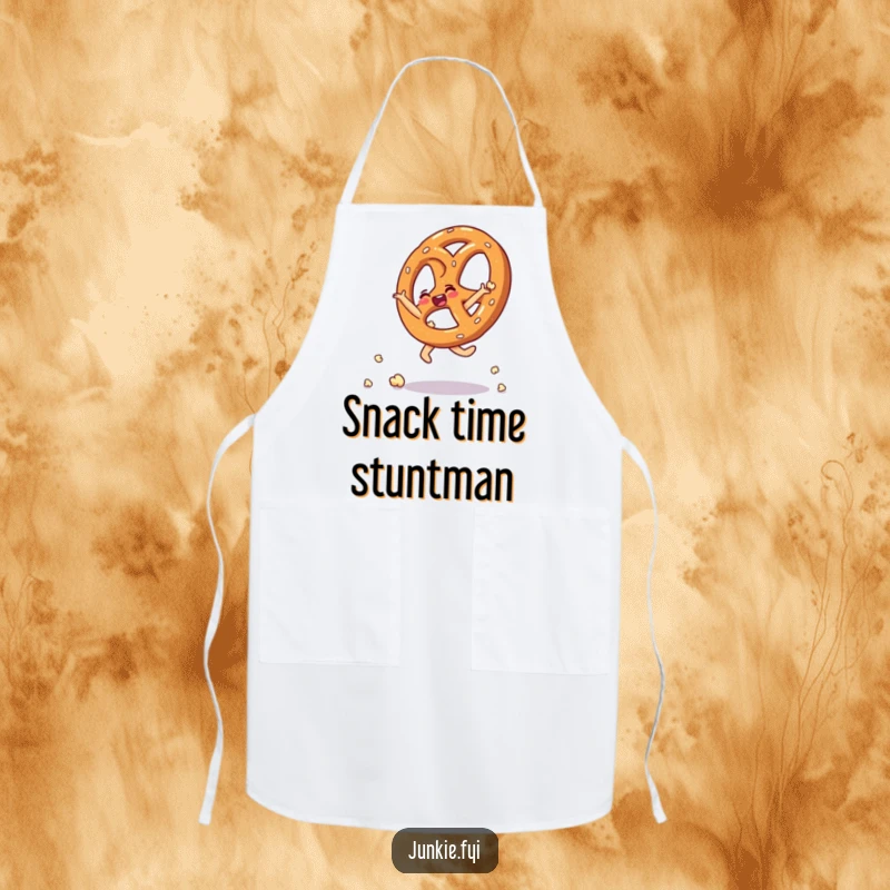 Funny apron showcasing a thrilled pretzel doing a cartwheel made of popcorn kernels.