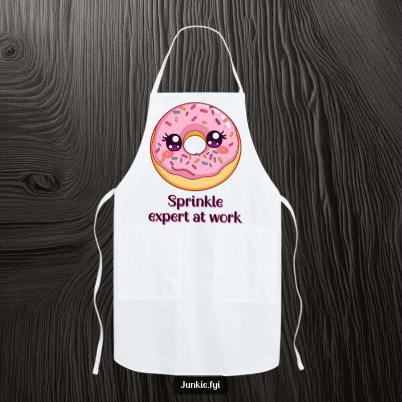 Funny apron showcasing a delighted donut with wide eyes, happily stuffing its face with a colorful array of sprinkles.