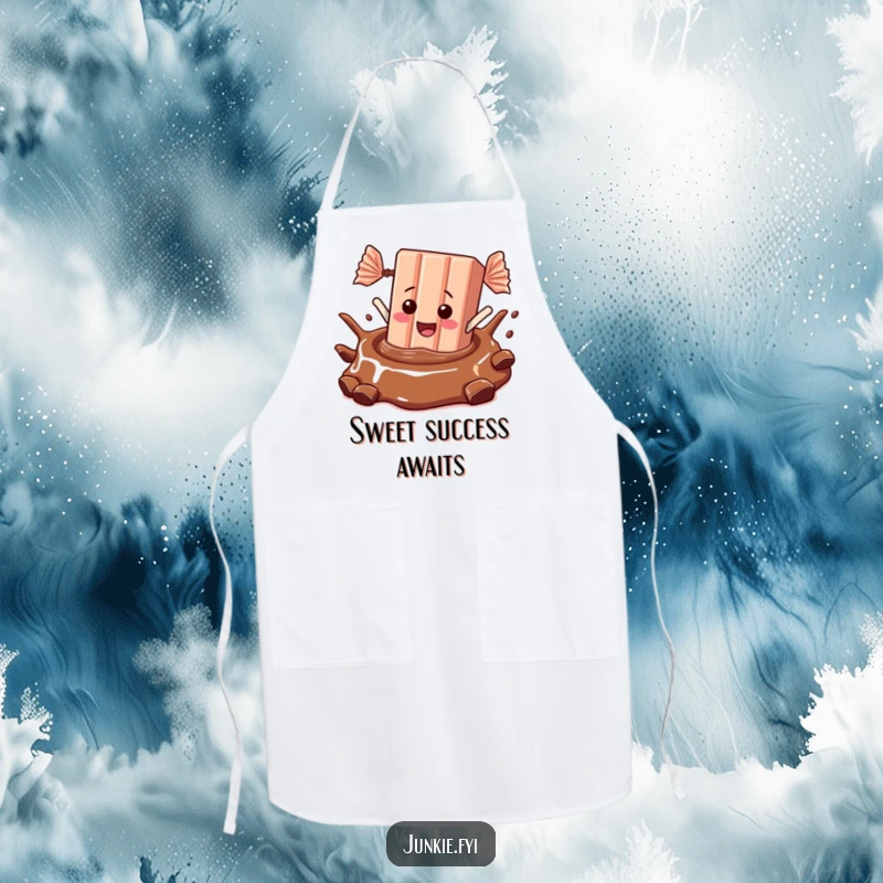 A candy bar joyfully dives into chocolate on this funny apron, perfect for kitchen fun.
