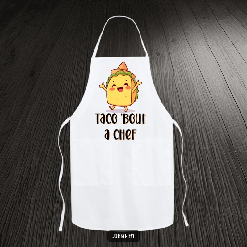 Funny apron showing a delighted taco character doing a silly dance with a tiny sombrero, a cheerful kitchen accessory.