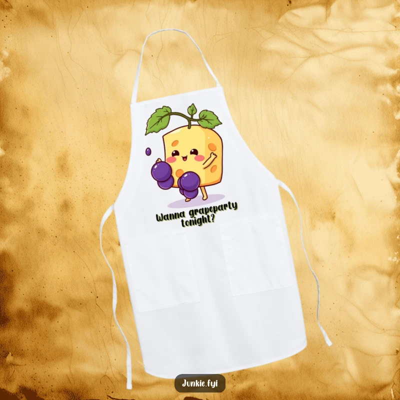 Funny Kawaii cheese character as a chef, humorously trying to catch a falling grape, a playful and practical apron design.