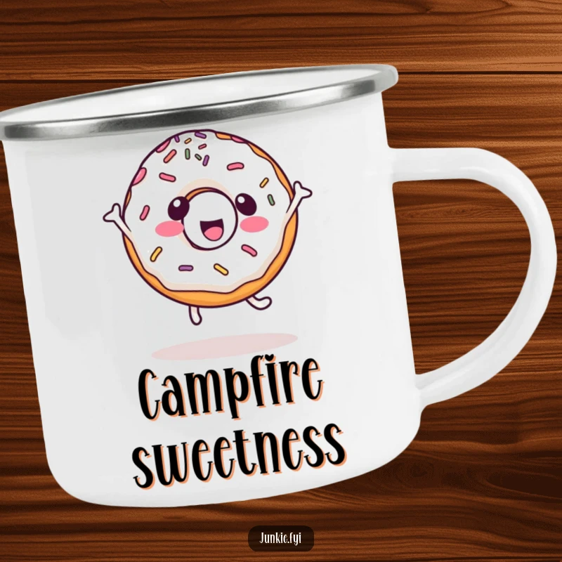 Funny kawaii camping mug showing a happy donut character with sprinkles doing a cartwheel, perfect for outdoor enjoyment.