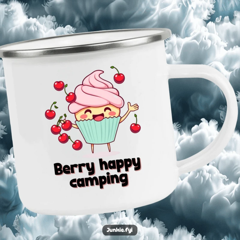 Funny cheerful cupcake camping mug juggling cherries, a durable and humorous drinkware for outdoor lovers.