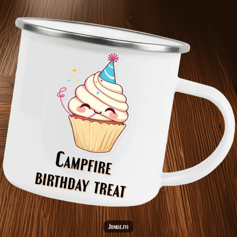 Funny camping mug with a delighted cupcake character wearing a party hat and blowing a streamer, designed for outdoor celebrations.