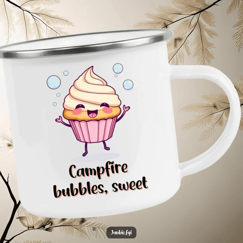 Funny Camping Mug: A spunky cupcake with legs blows bubbles, ready for your morning coffee in the wild.