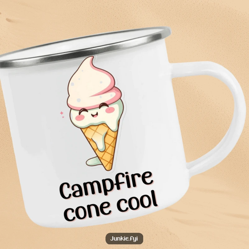 Funny ice cream cone camping mug character, melting with a happy sigh, durable and humorous for travel.