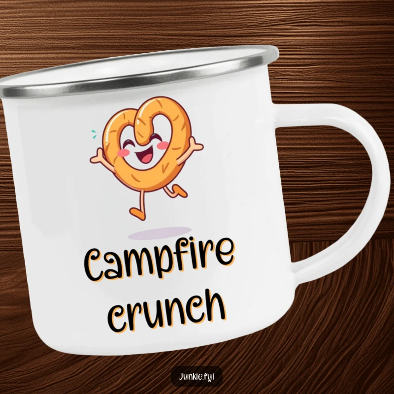 Funny pretzel camping mug, a smiling character joyfully jumping with a sprinkle of salt, perfect for outdoor enjoyment.