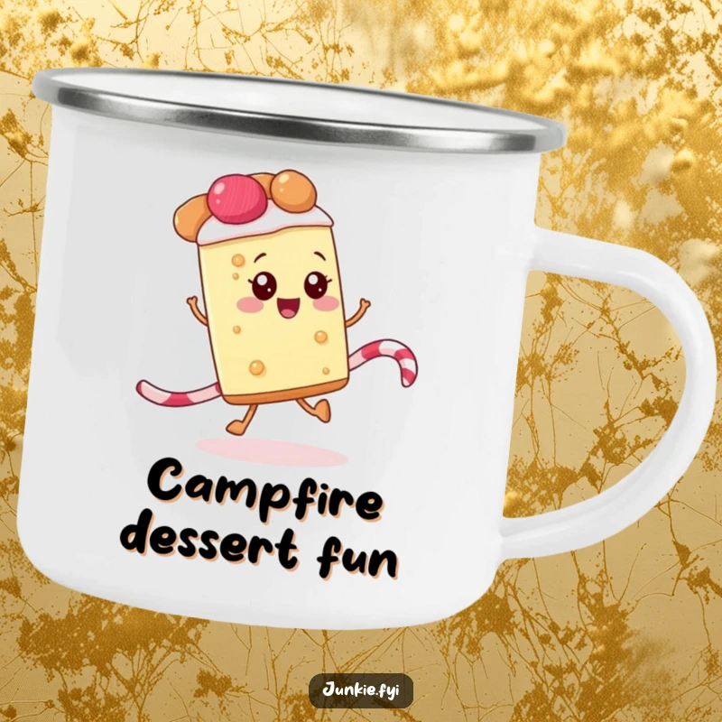 Funny camping mug featuring a happy slice of pie skipping along a licorice rope, perfect for outdoor sweetness.
