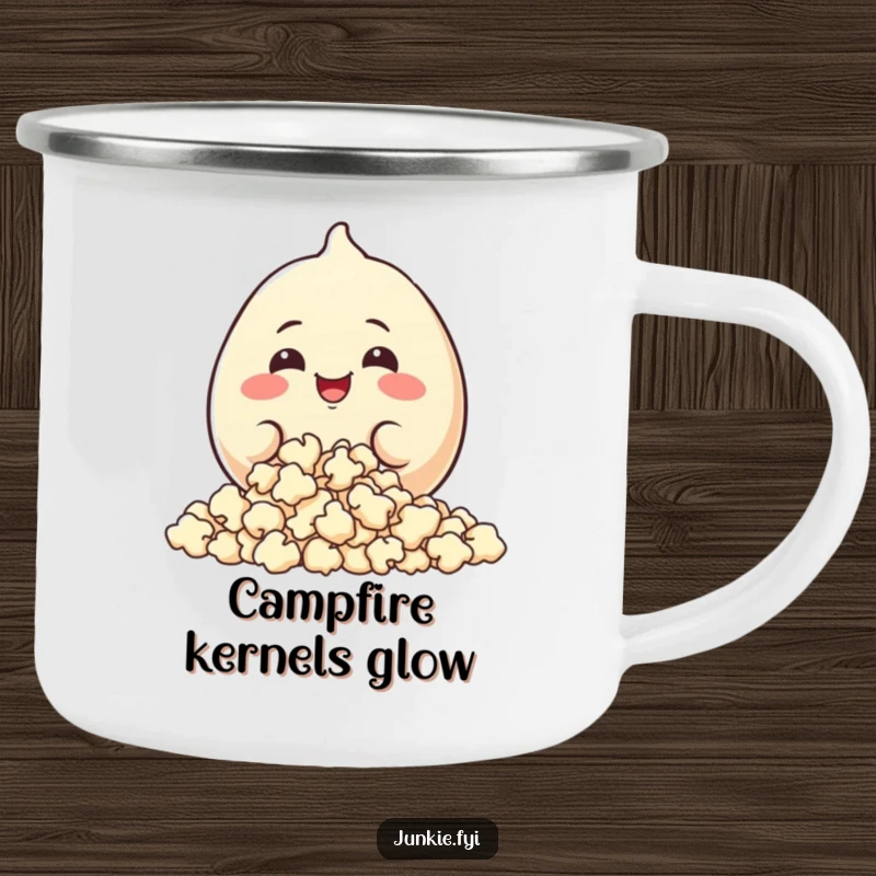 Funny Camping Mug: A plump food character with a happy grin munches popcorn during an outdoor adventure.