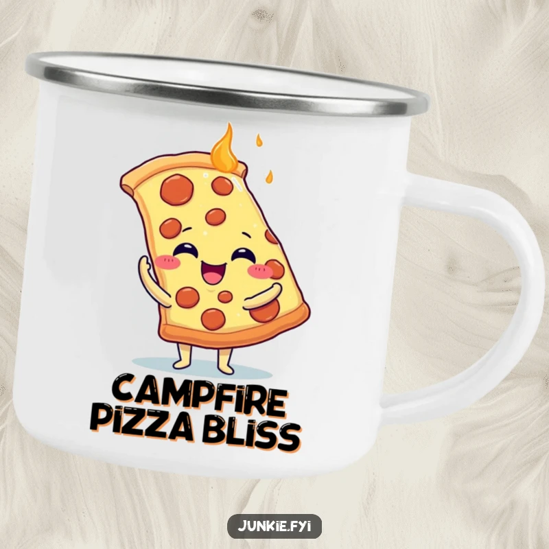 Funny Camping Mug: A delighted food character with tiny arms hugs a giant pizza slice during an outdoor adventure.