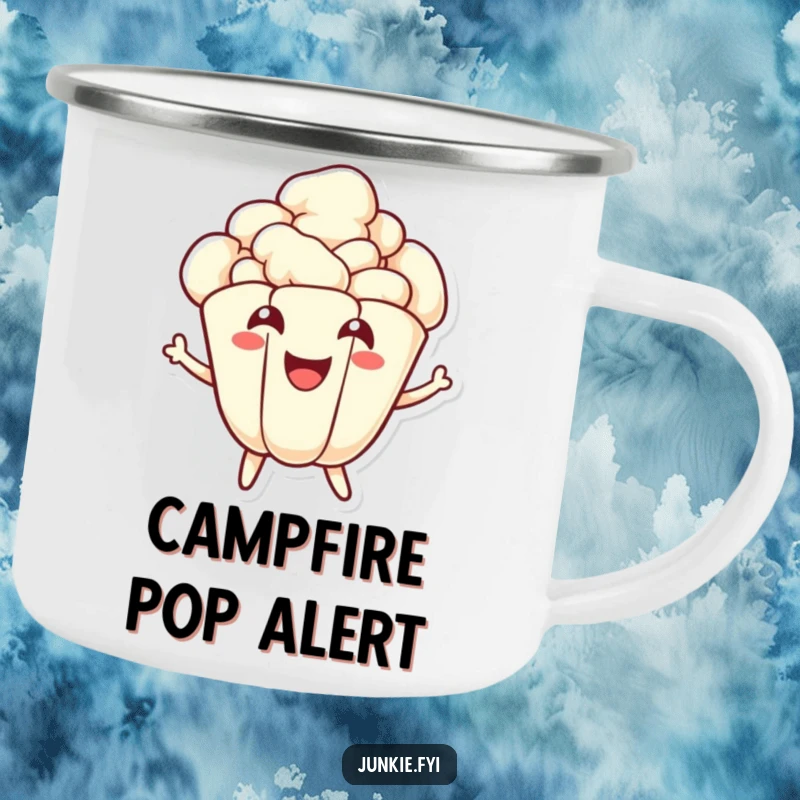 Funny popcorn camping mug featuring a joyful kernel character energetically popping, ideal for outdoor snacks and warm drinks.
