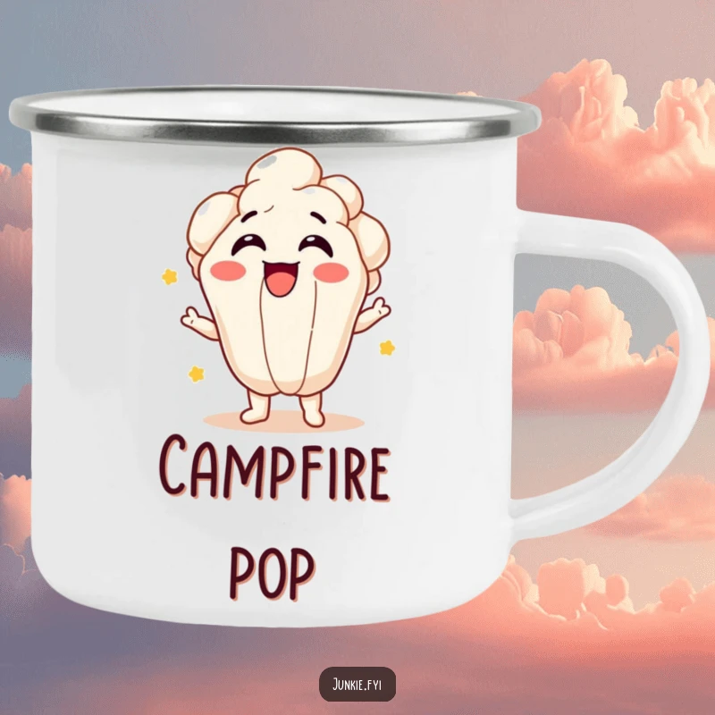 Funny popcorn kernel character bursting with joy on a rugged camping mug, ready for outdoor fun.