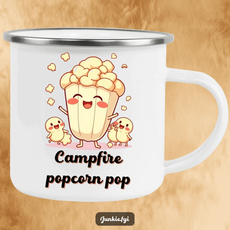 Funny Camping Mug featuring a giggling popcorn kernel and popping friends, perfect for enjoying beverages during outdoor fun.