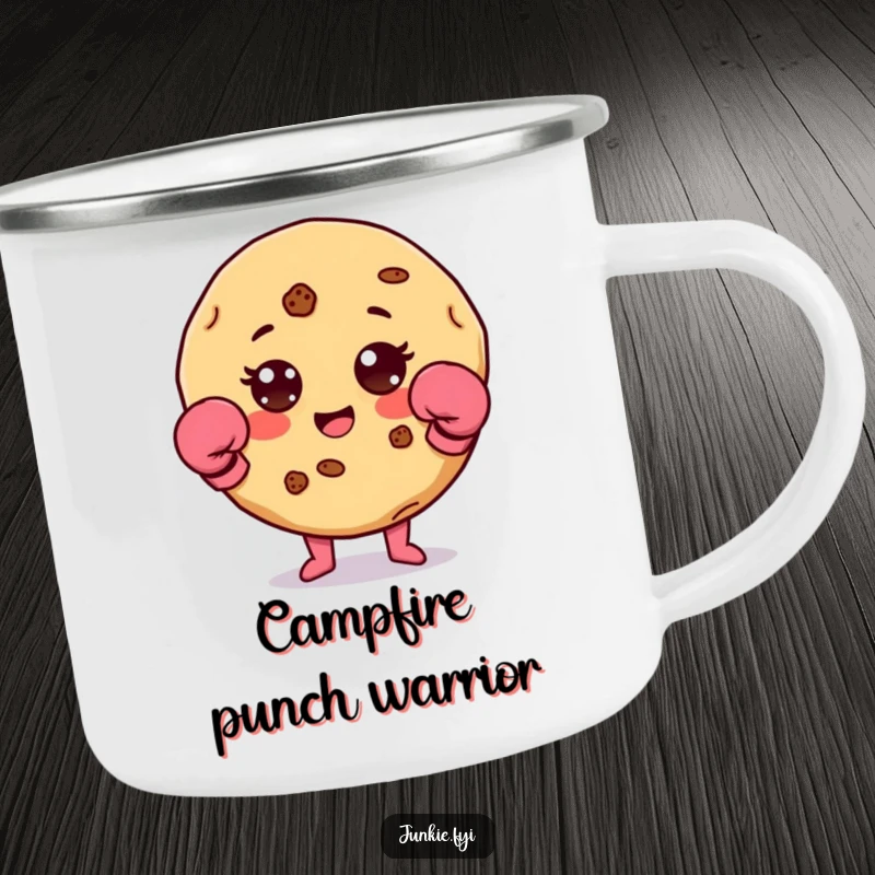 Funny cookie character with chip accents and tiny boxing gloves on a sturdy camping mug.