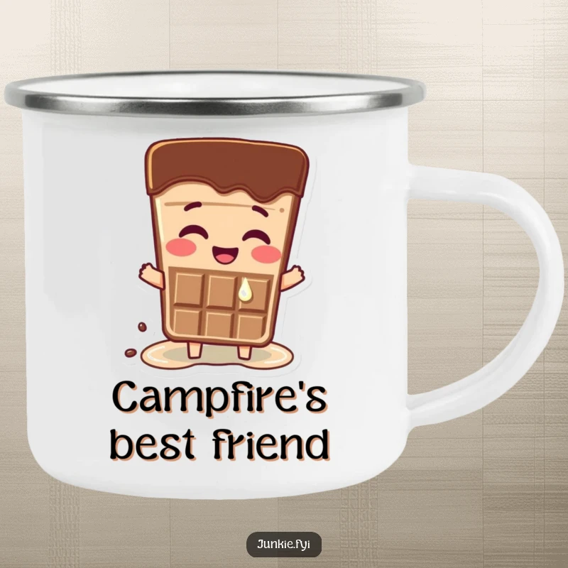 Funny camping mug with a happy chocolate bar character melting slightly from excitement. Great for outdoor humor.