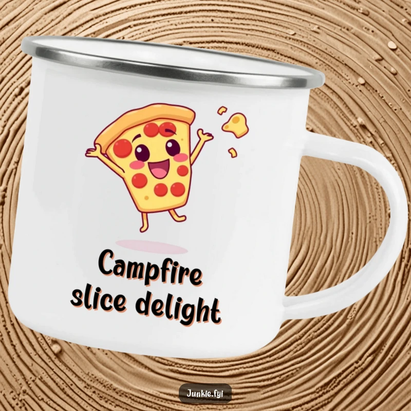 Durable funny pizza slice character cartwheeling with flying cheese, designed for outdoor use and humor.