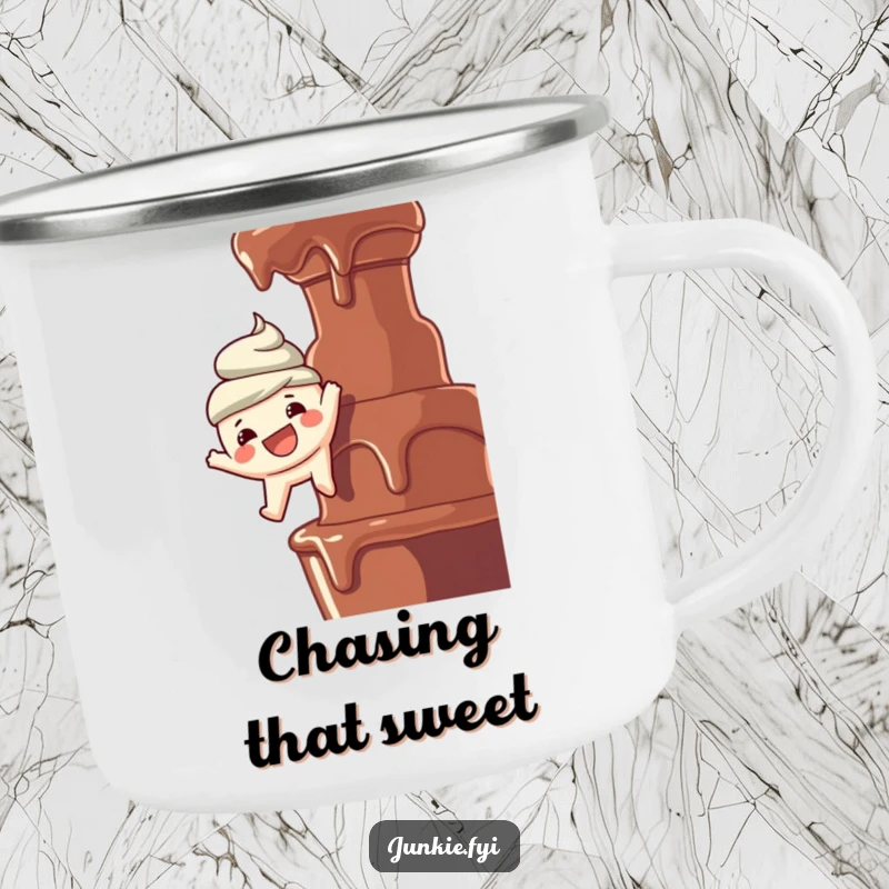 Funny camping mug: A joyful food character with a wide smile dangles precariously over a chocolate fountain, ready for a sweet treat.