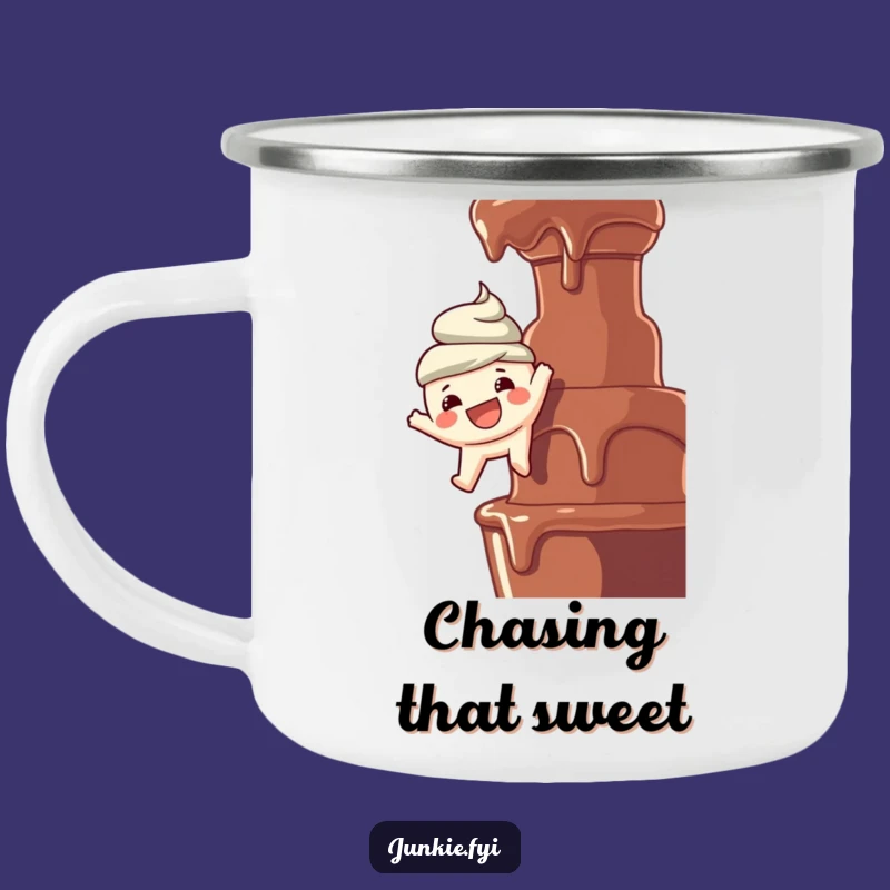 Funny Camping Mug: Foodie Dangles Over Chocolate Fountain, Sip & Smile!