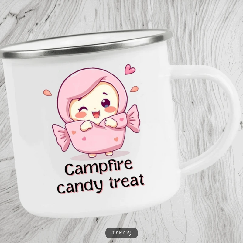 Funny Camping Mug featuring a candy bar character unwrapping itself, perfect for enjoying hot beverages during outdoor escapades.