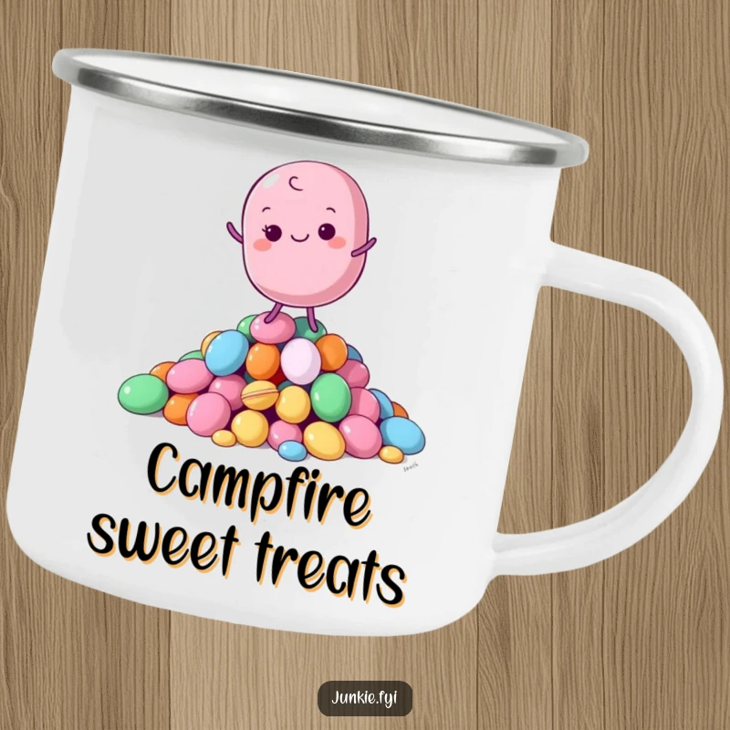 Funny Camping Mug featuring a macaron character balancing on colorful candies, perfect for enjoying beverages during outdoor escapades.