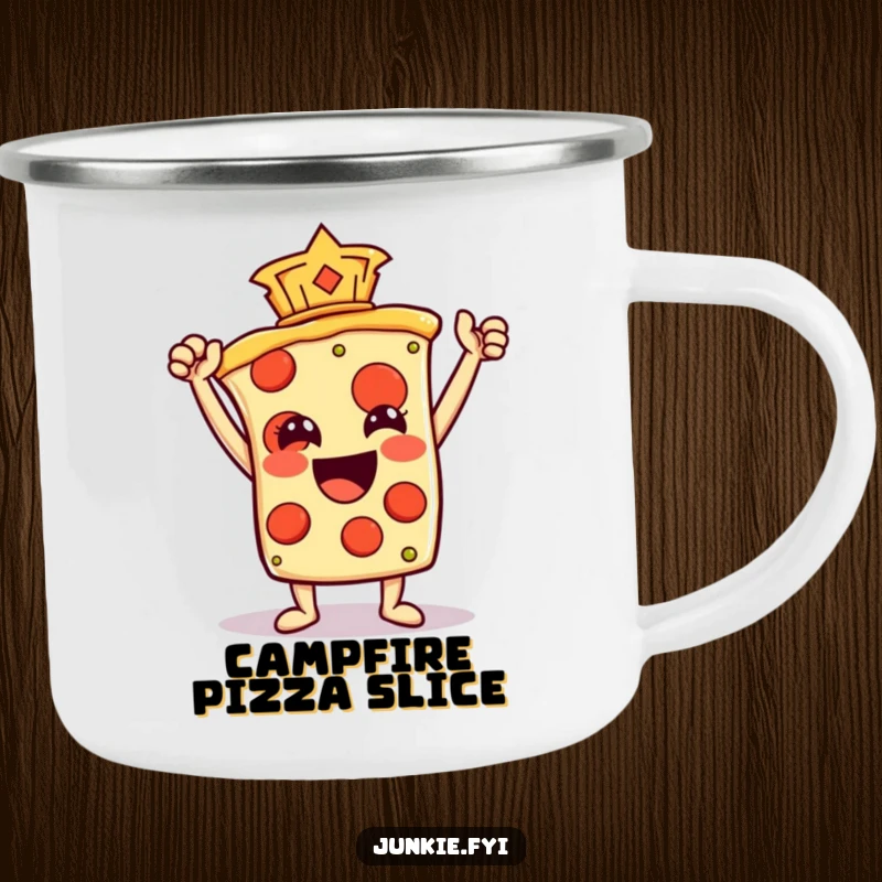 Funny Camping Mug featuring a pizza slice character raising a pepperoni like a trophy, ideal for enjoying drinks on the go.