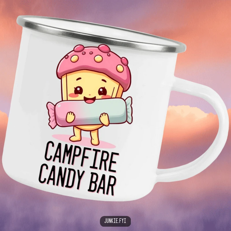 Funny camping mug: A happy food character with a sweet smile holds a giant candy bar, perfect for sweet camp moments.