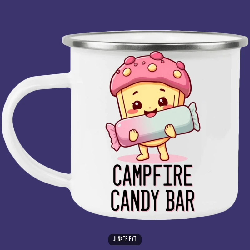 Funny Camping Mug: Happy Foodie Holds Giant Candy Bar, Sip & Smile!