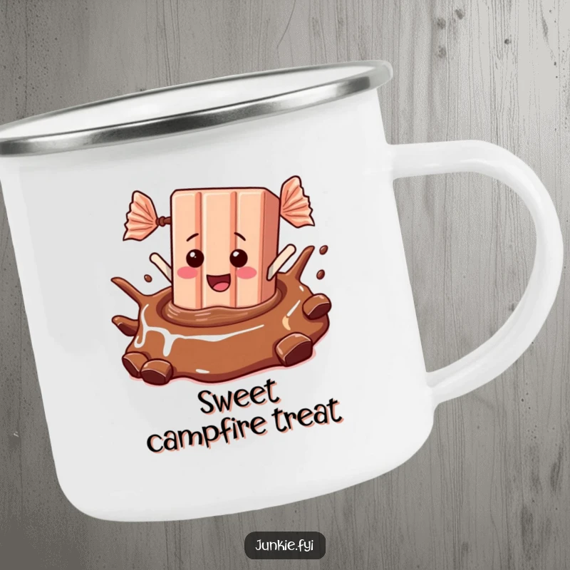 A candy bar dives into chocolate on this fun camping mug, perfect for enjoying drinks outdoors with a smile.