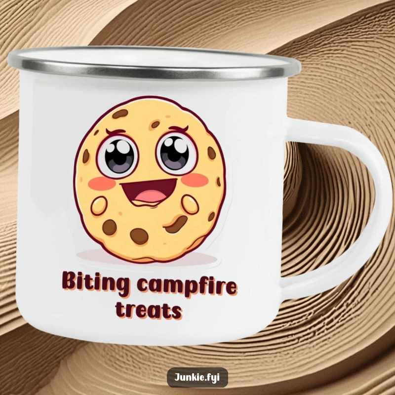 Funny Camping Mug: A cookie character with big eyes takes a huge, delighted bite, ideal for humorous outdoor adventures and snack-time beverages.