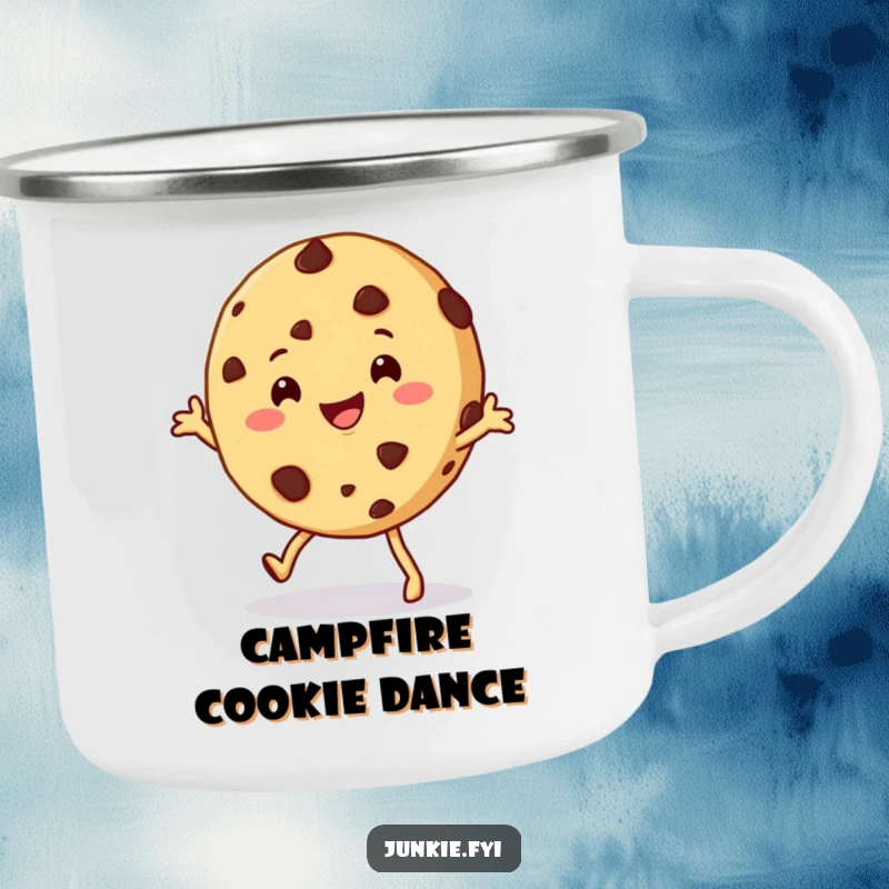 Funny cookie camping mug featuring a happy chocolate chip cookie character doing a playful shimmy, perfect for outdoor treats and warm drinks.