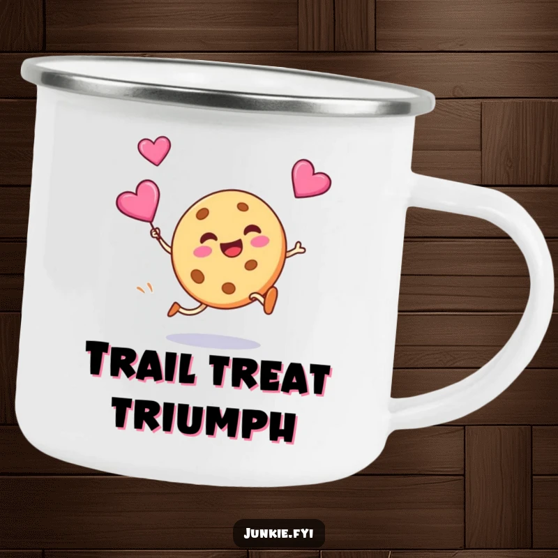 Funny camping mug featuring a silly cookie grinning as it kicks a flying candy heart, perfect for outdoor sweetness.