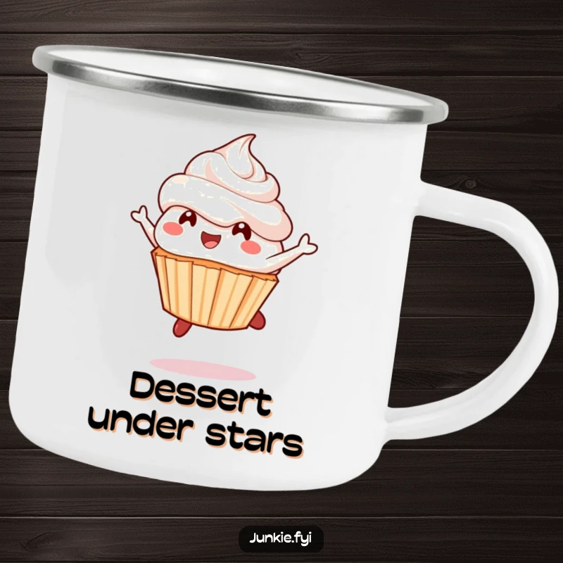 Funny cupcake camping mug, a delighted character mid-leap with frosting flying, perfect for outdoor dessert enjoyment.