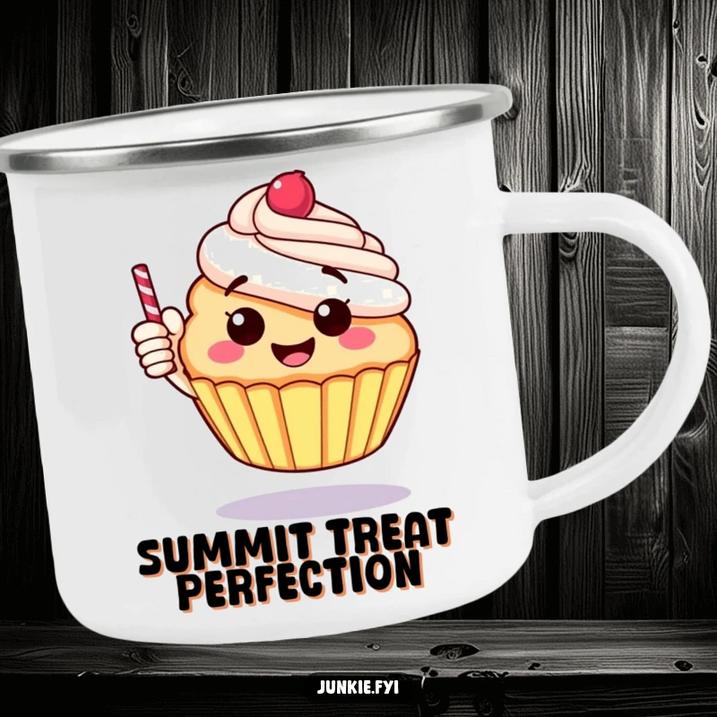 Funny camping mug with a cheerful, round cupcake giving a thumbs up with a candy stick, for outdoor smiles.