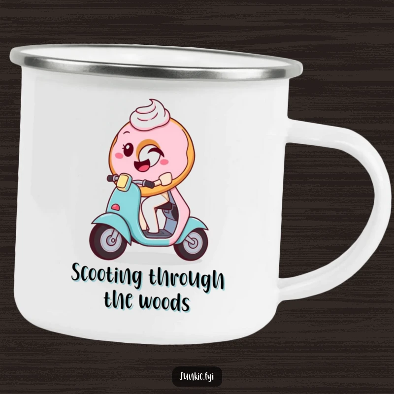 Funny Camping Mug showcasing a playful donut with frosting winking while on a tiny scooter, perfect for outdoor enjoyment and laughs.