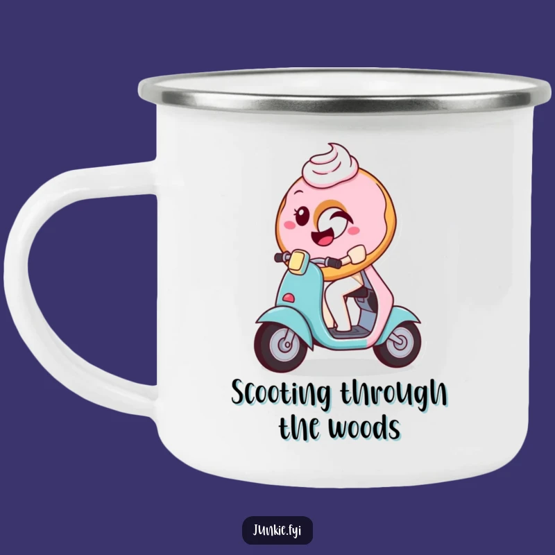 Funny Donut Scooter Camping Mug: Outdoor Pastry Character, Rugged Humorous Gift for Campers!