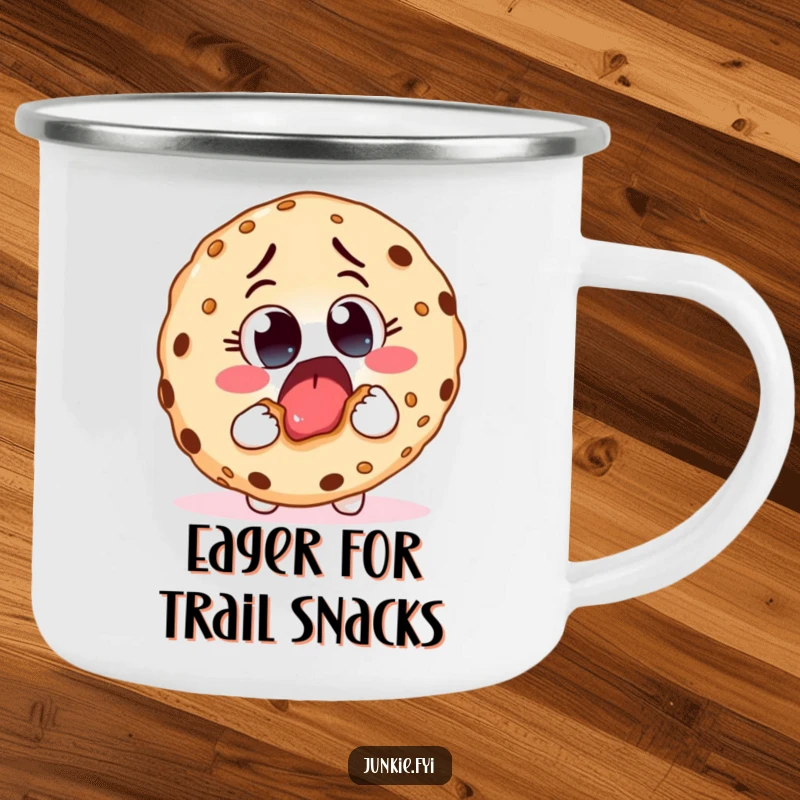 Funny camping mug with an excited food character taking a huge bite from a giant cookie, perfect for delicious outdoor moments.