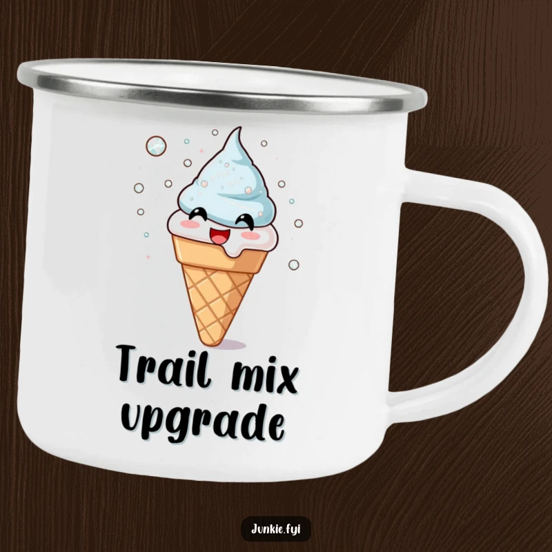 Funny camping mug featuring a joyful ice cream cone scattering shimmering sugar crystals. Sturdy and fun for outdoor adventures, a perfect funny gift.