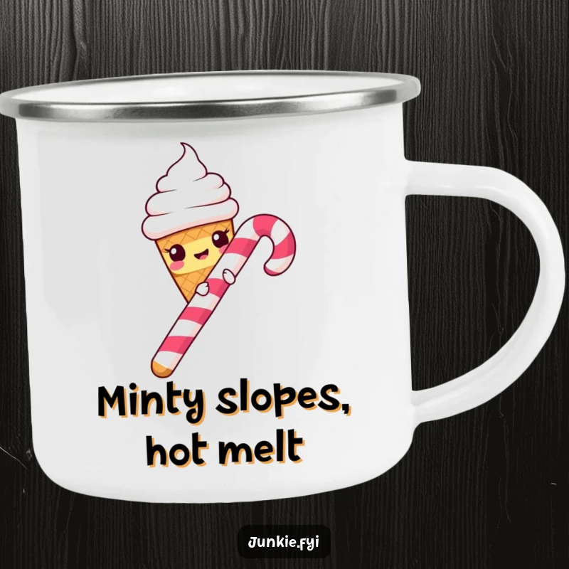 Funny Camping Mug: Ice cream cone slides down a candy cane, ready for your morning brew in the wild.