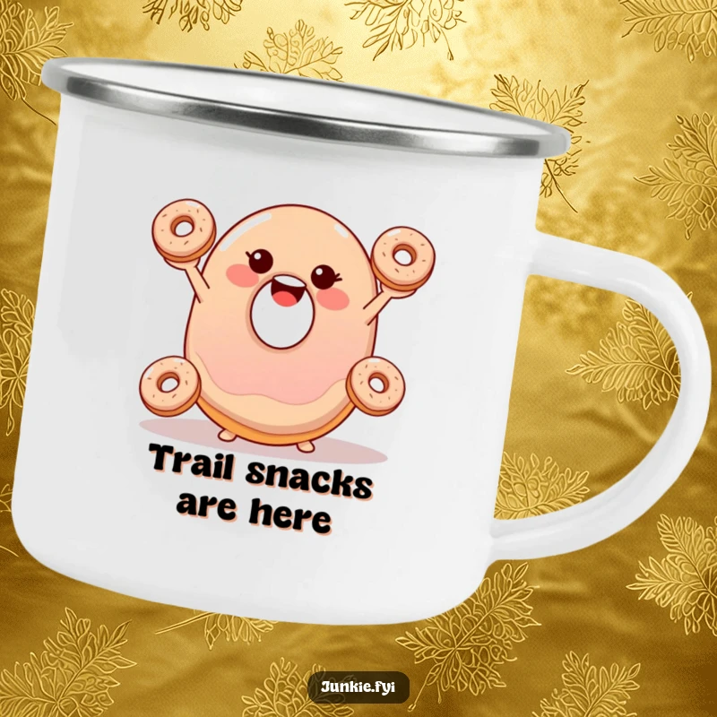 Funny camping mug with a smiling, wobbly jelly donut happily juggling three tiny donuts, for outdoor laughs.