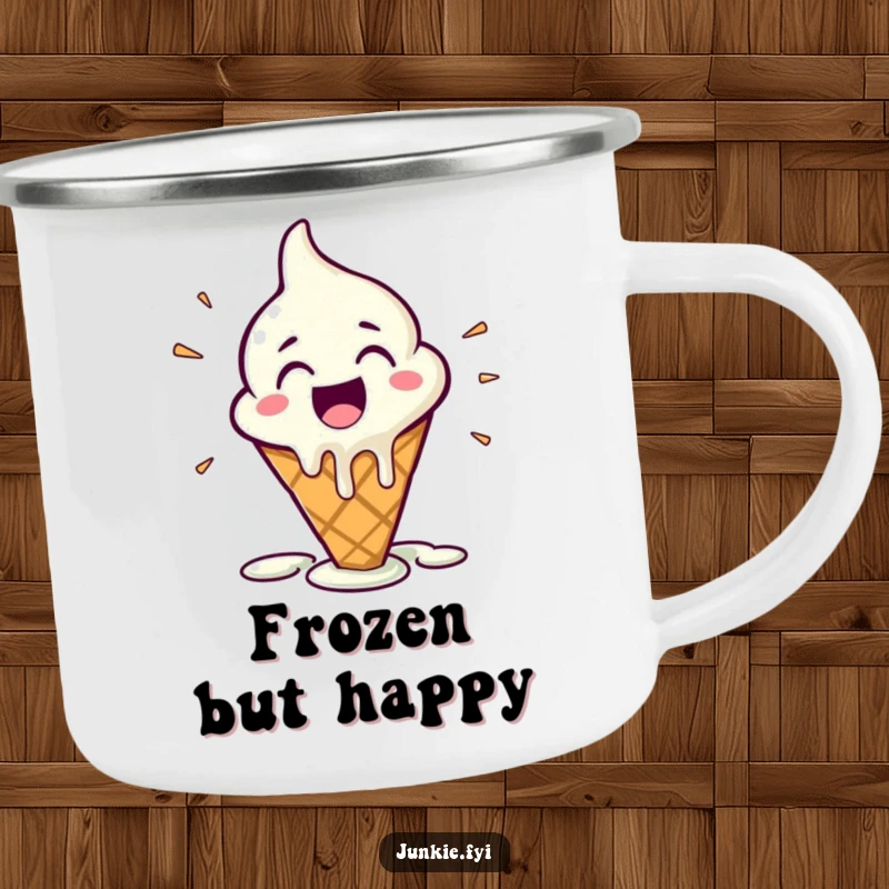 Funny Camping Mug with a melting ice cream cone character expressing happy glee, perfect for outdoor beverages and sweet adventures.