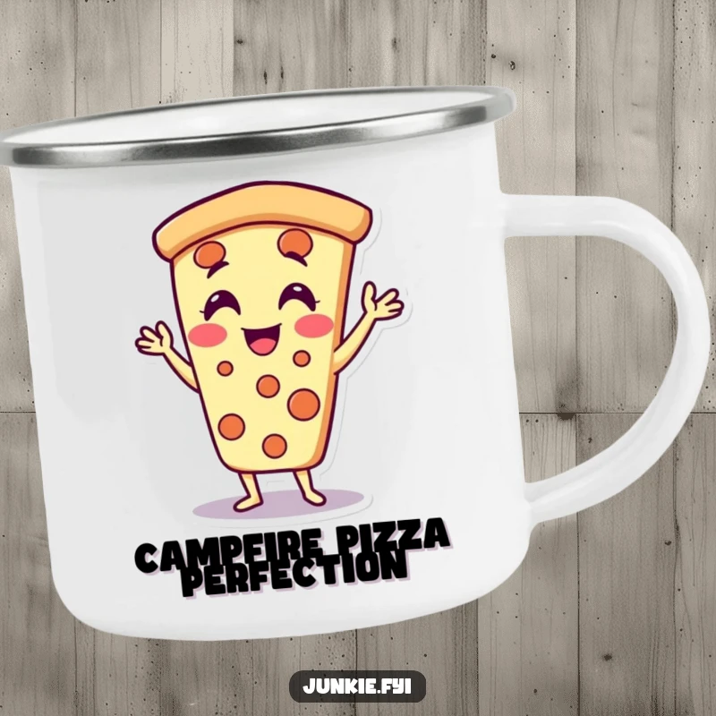 Funny pizza slice camping mug character, doing jazz hands with delight, durable and humorous for adventures.