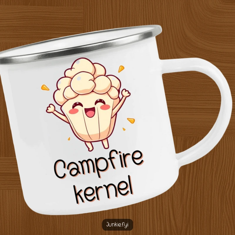 Funny popcorn kernel camping mug, bursting with energetic joy on the trail, a durable and humorous drinkware.