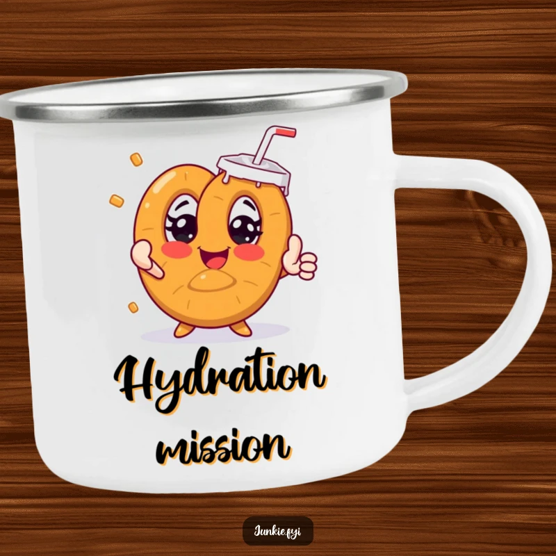 Funny pretzel character with wide eyes reaching for a giant soda, on a durable camping mug.